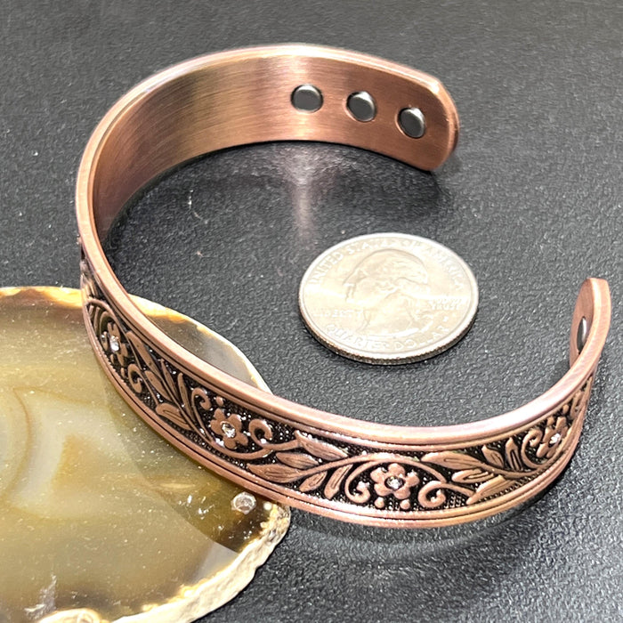 Pure Copper Cuff Bracelet Flower and Leaf Design With Rhinestones And Magnets