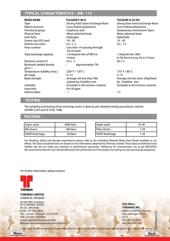 DI mixed resin mb115 deionising data specification sheet