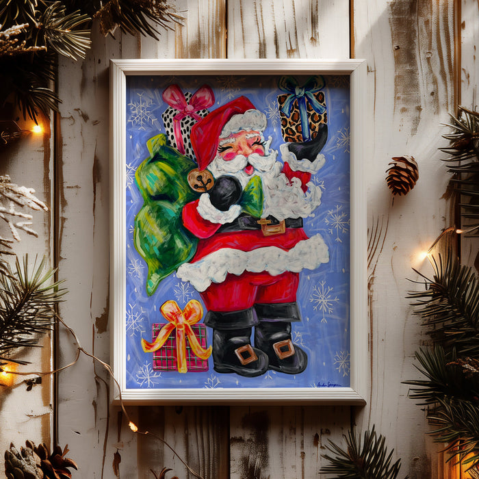 Santa Claus with Gifts Christmas Reproduction Print - On Paper or Canvas