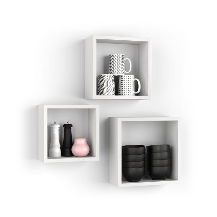 Set of 3 Square Cube Shelves, Giuditta, Ashwood White