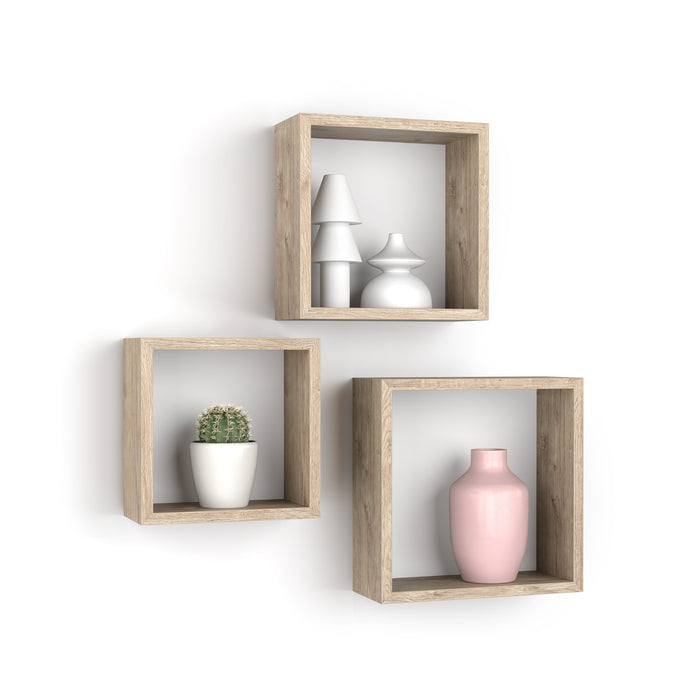 Set of 3 Square Cube Shelves, Giuditta, Oak