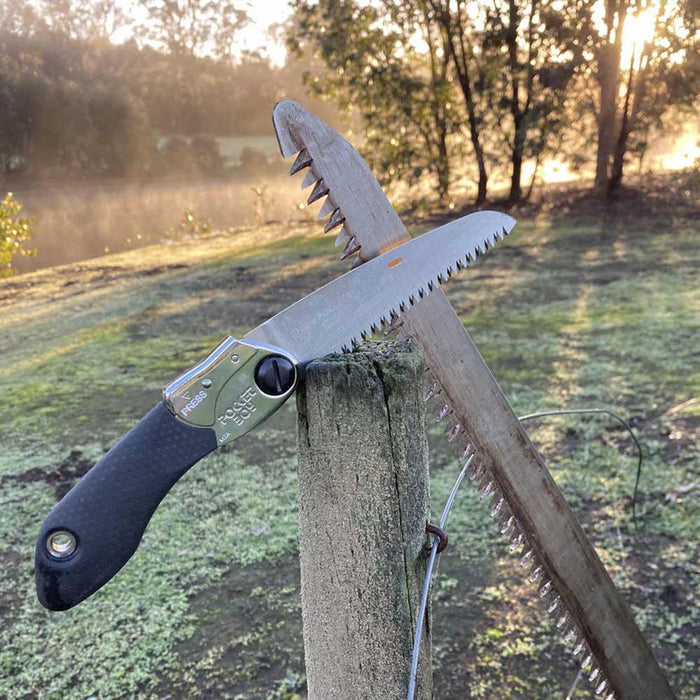 Compact, sharp, and built for outdoors, the Silky PocketBoy 130mm folding saw trusted by gardeners, arborists, hikers, and campers. Available in fine to large tooth options. black handle in action shot