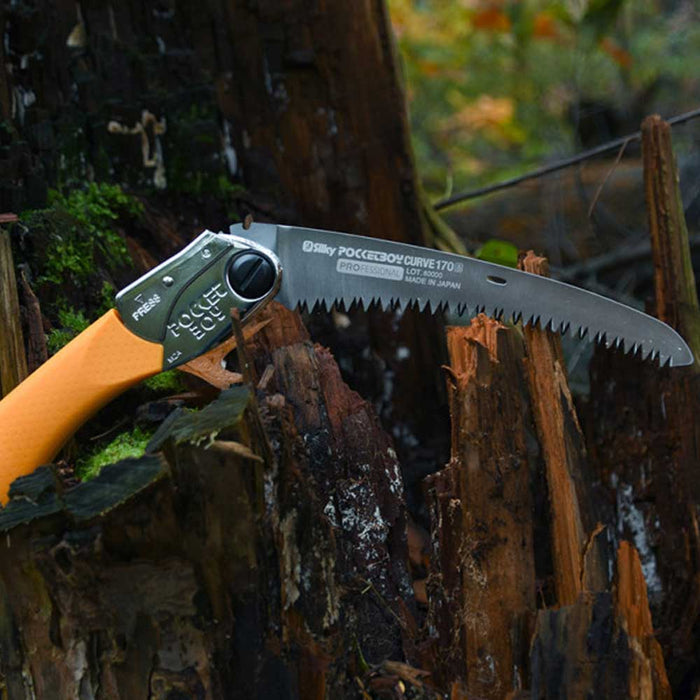 With a longer curved blade, the Silky PocketBoy Curve 170mm folding saw powers through larger branches with ease. Medium-tooth, razor-sharp, and compact enough for any pack or toolbox. Buy online at Cannings. in-action shot