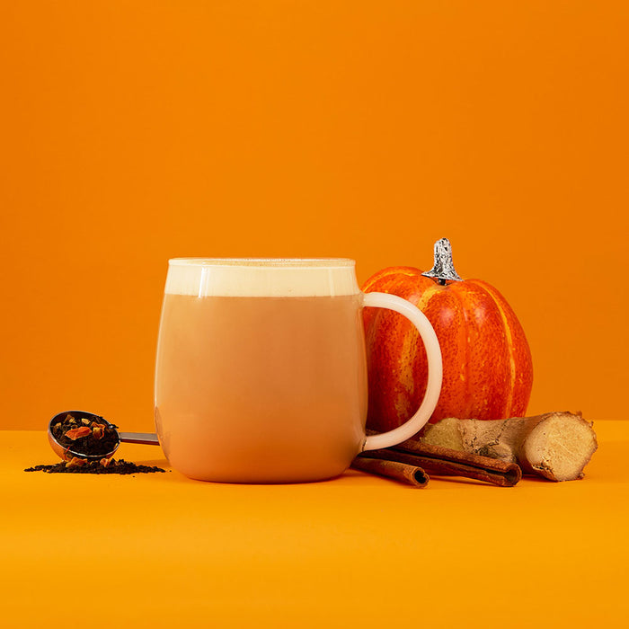 spiced pumpkin chai latte & pumpkin ginger & cinnamon & spoon filled with loose leaf tea
