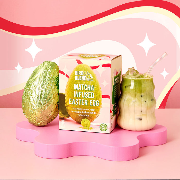 strawberries and cream matcha egg with iced matcha latte