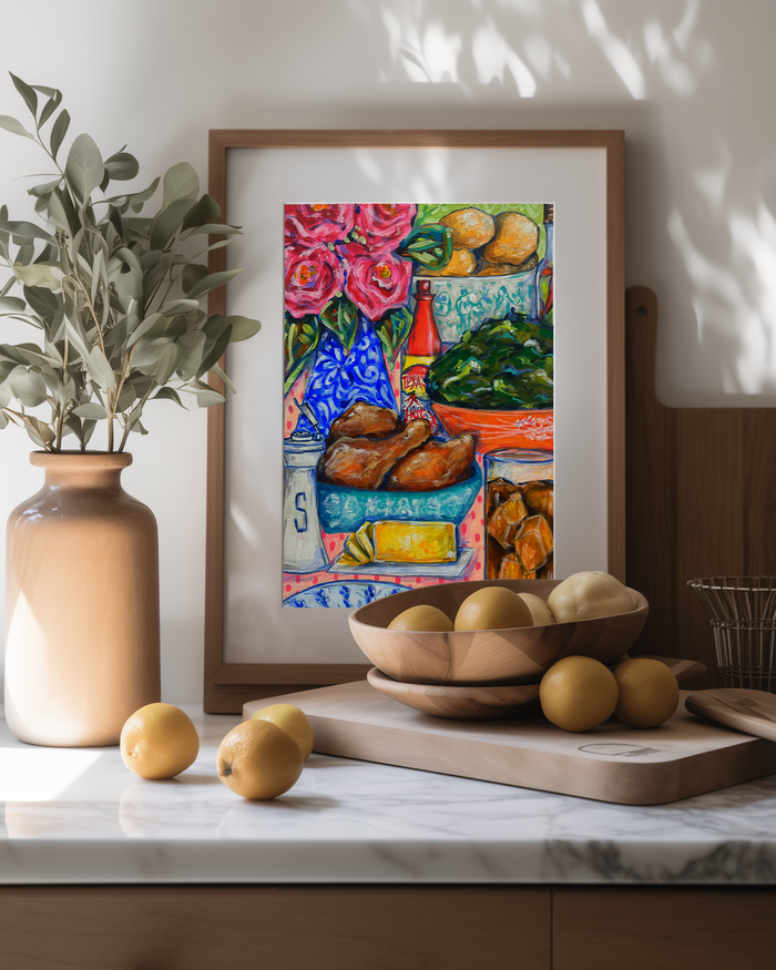 Sunday Dinner Art Print on Paper or Canvas - Southern Kitchen Wall Art, Dining Room Colorful Poster