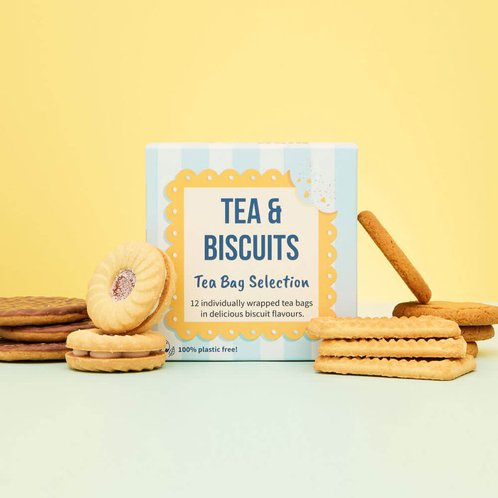 tea & biscuit tea bag selection gift cube with assorted biscuits