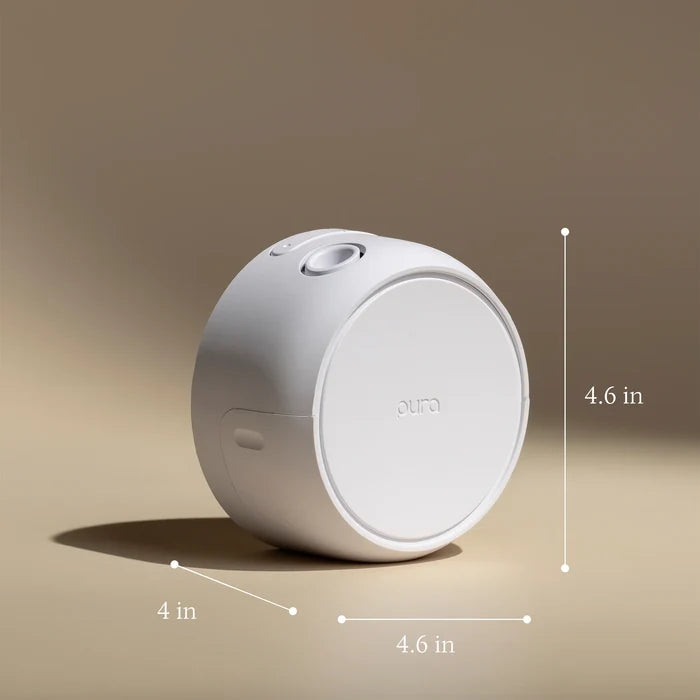 A white cylindrical portable device with dimension callouts showing 4 in by 4.6 in by 4.