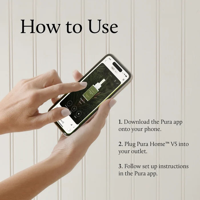 Instructional graphic showing a person's hands holding a smartphone with the Pura app open, next to text that reads 'How to Use' and three steps for downloading the app, plugging in Pura Home V5, and following setup instructions.