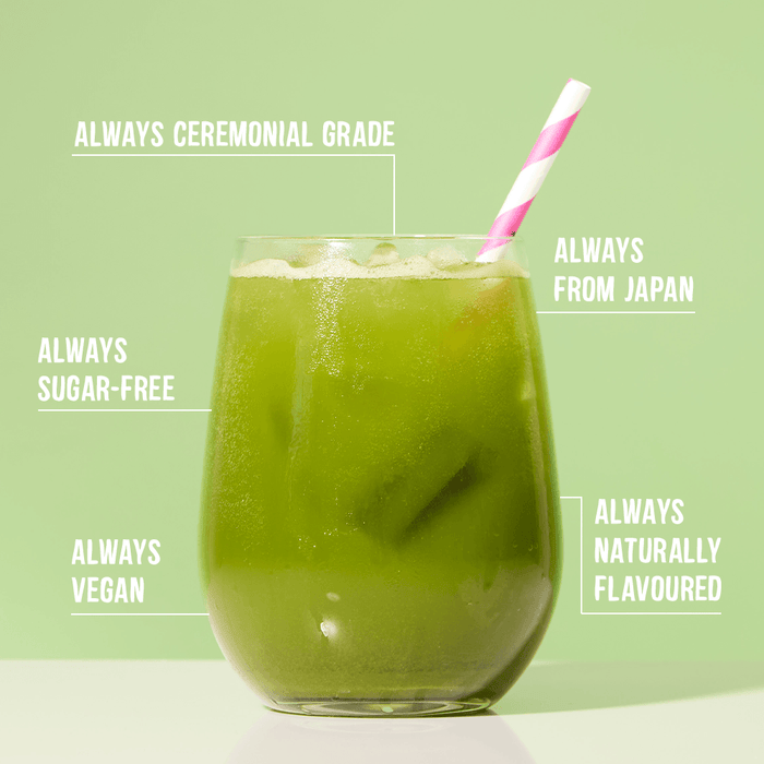 Iced Vanilla ice cream matcha soda with pink & white straw & matcha promises stating always ceremonial grade & from japan & naturally flavoured & vegan & sugar free