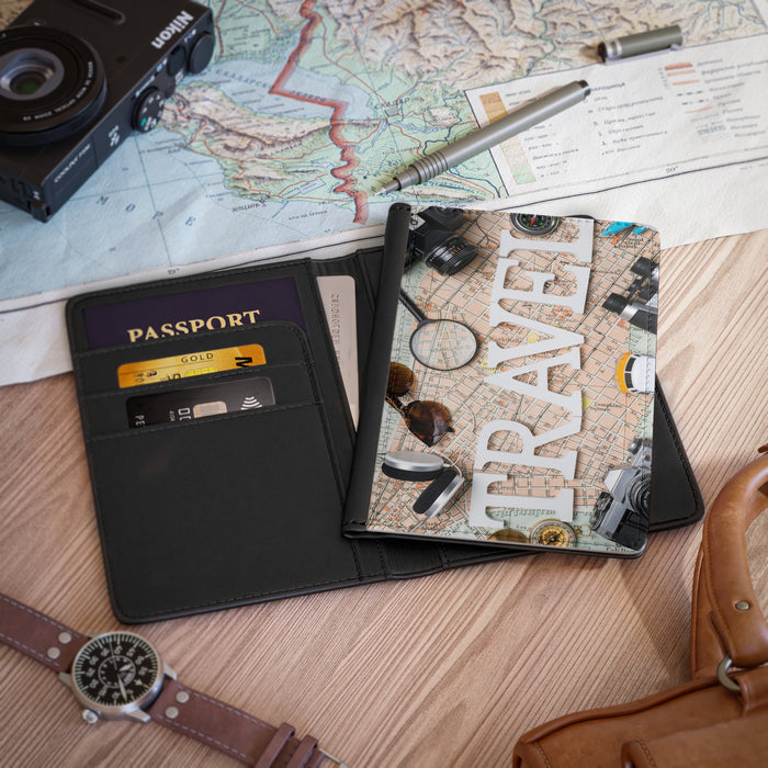 Travel Passport Cover — Adventure Map Design with 'TRAVEL' Text; add your Initials and make it one of a kind.