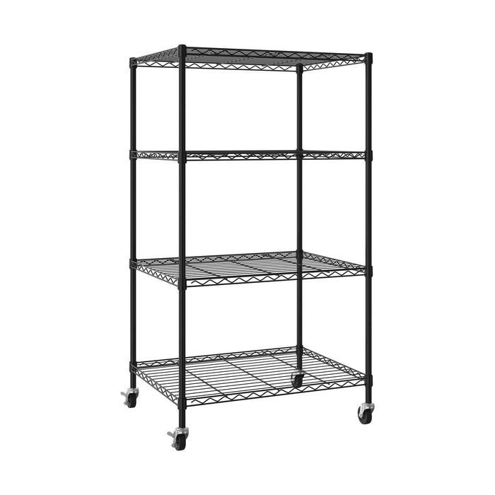 Wire shelving on a white background