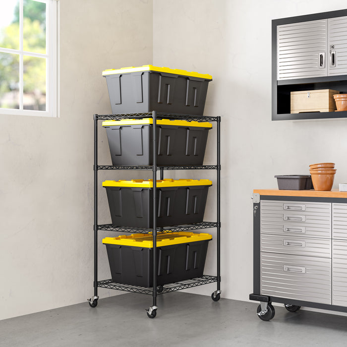 Wire shelving in the corner of a garage with black and yellow totes on the shelf