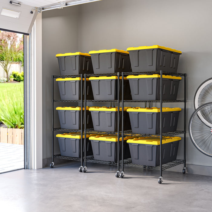 Three 4 tier tote shelves in a garage with black and yellow totes on the shelves