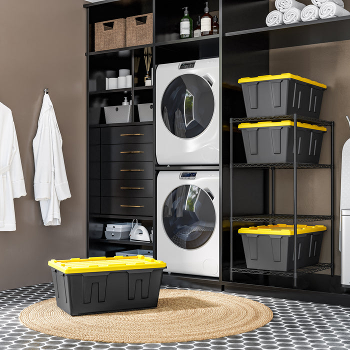 Wire tote shelf in a laundry room with totes on the shelves