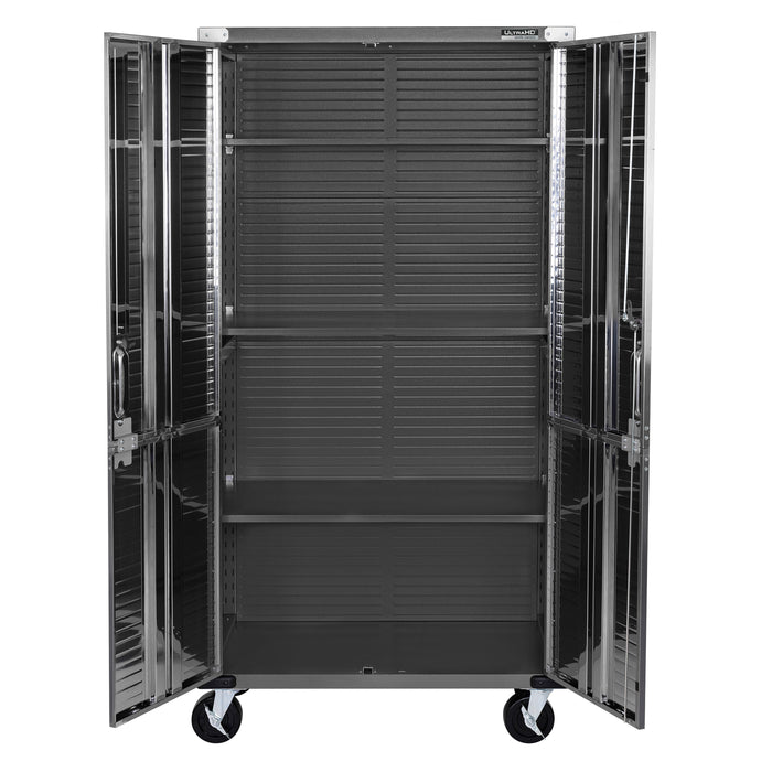 Open graphite cabinet to show shelves
