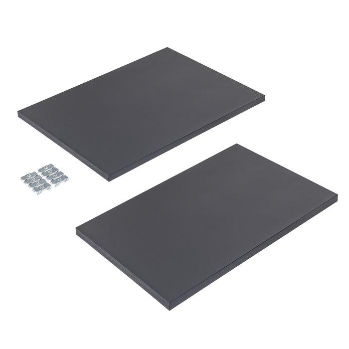 Angled graphite shelves on white background with mounting hooks