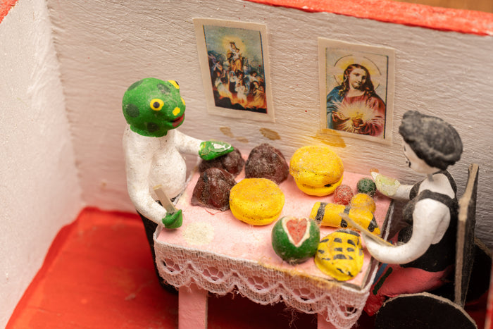 Vintage Miniature Dinner Scene Diorama - Mexican Folk Art