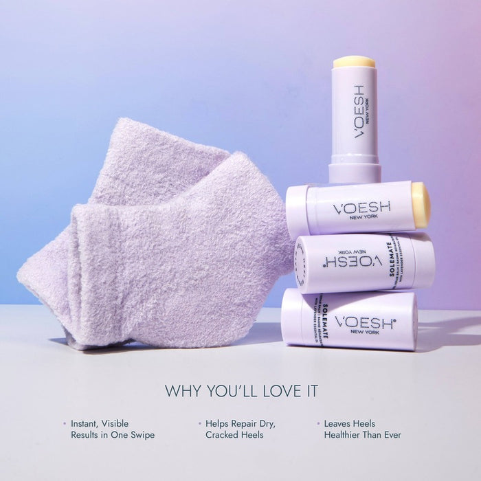 VOESH Heel Repair Duo lavender skincare products with benefits text overlay and towel prop