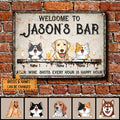 Welcome To Family Backyard Bar & Grill, Beer Wine Shots Every Hour Is Happy Hour, Personalized Dog & Cat Metal Sign