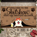Welcome To The Shitshow Hope You Brought Alcohol, Paws On Brown Curtain Background, Personalized Dog & Cat Breeds Doormat