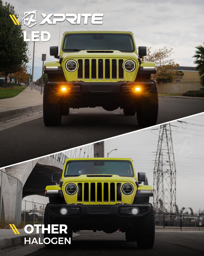 Xprite 4" LED Fog Light Kit for Jeep Wrangler JK JL JT – Halo DRL Amber/White Off-Road Replacement Fog Light