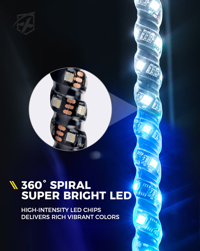 Xprite Spiral LED Flag Pole Whip Light with Spring Mount– Off-Road Safety Antenna Light for UTV, ATV, RZR & Can-Am